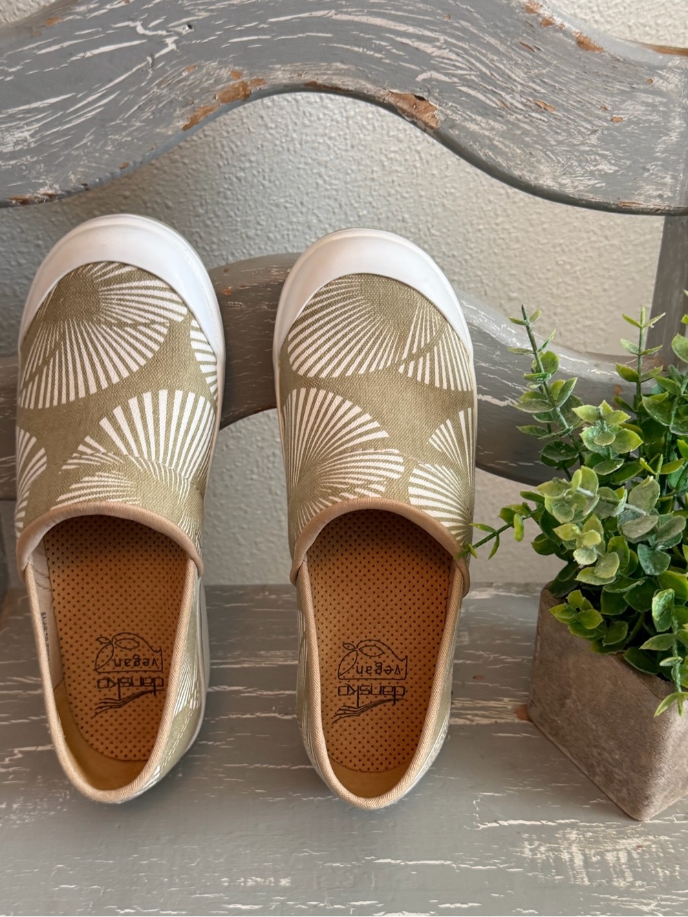 Dansko Olive Green and White Patterned Slip-On Clogs